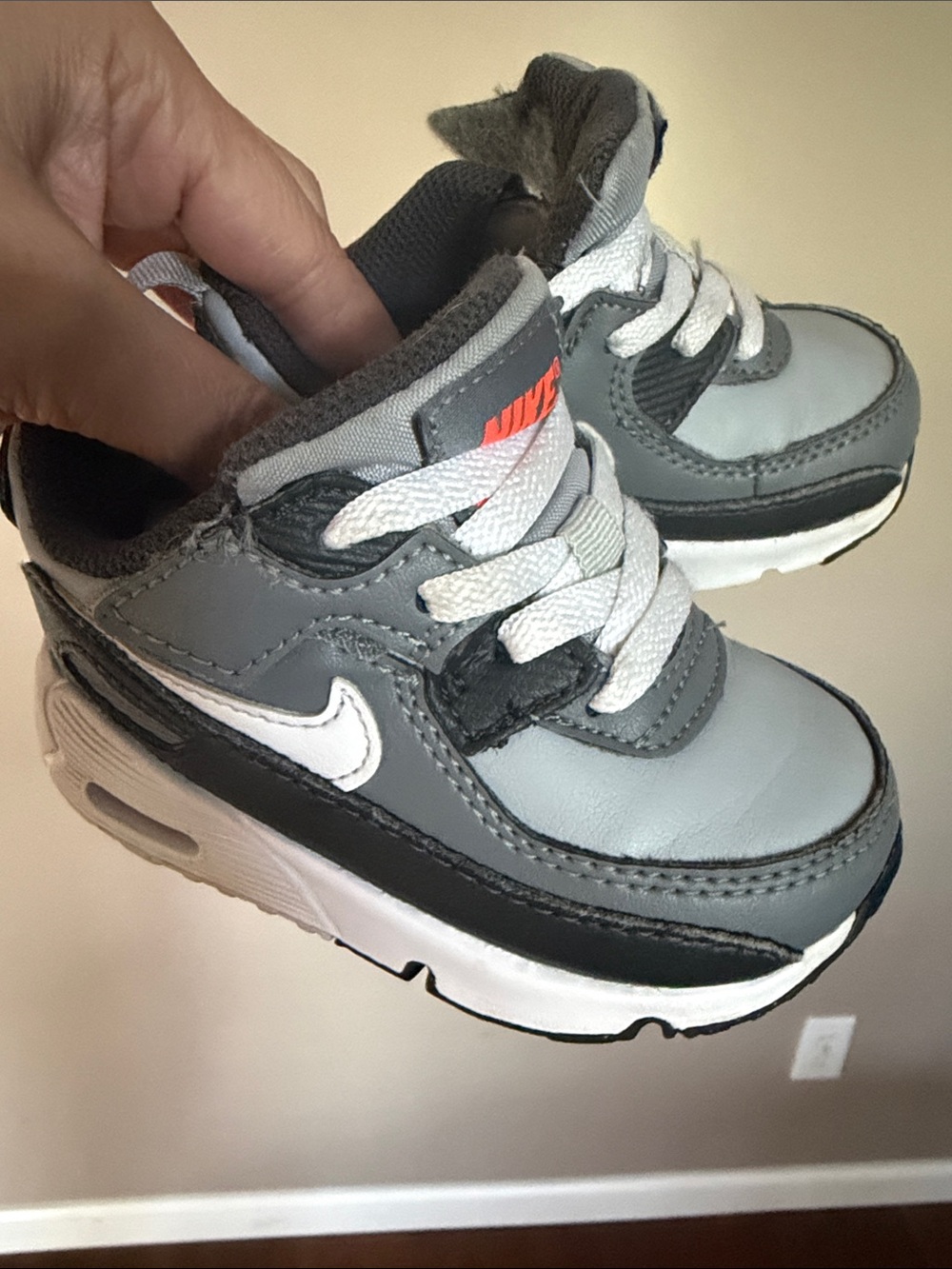 Nike Kids Gray, White & Black Sneakers with Orange Logo- easy on!